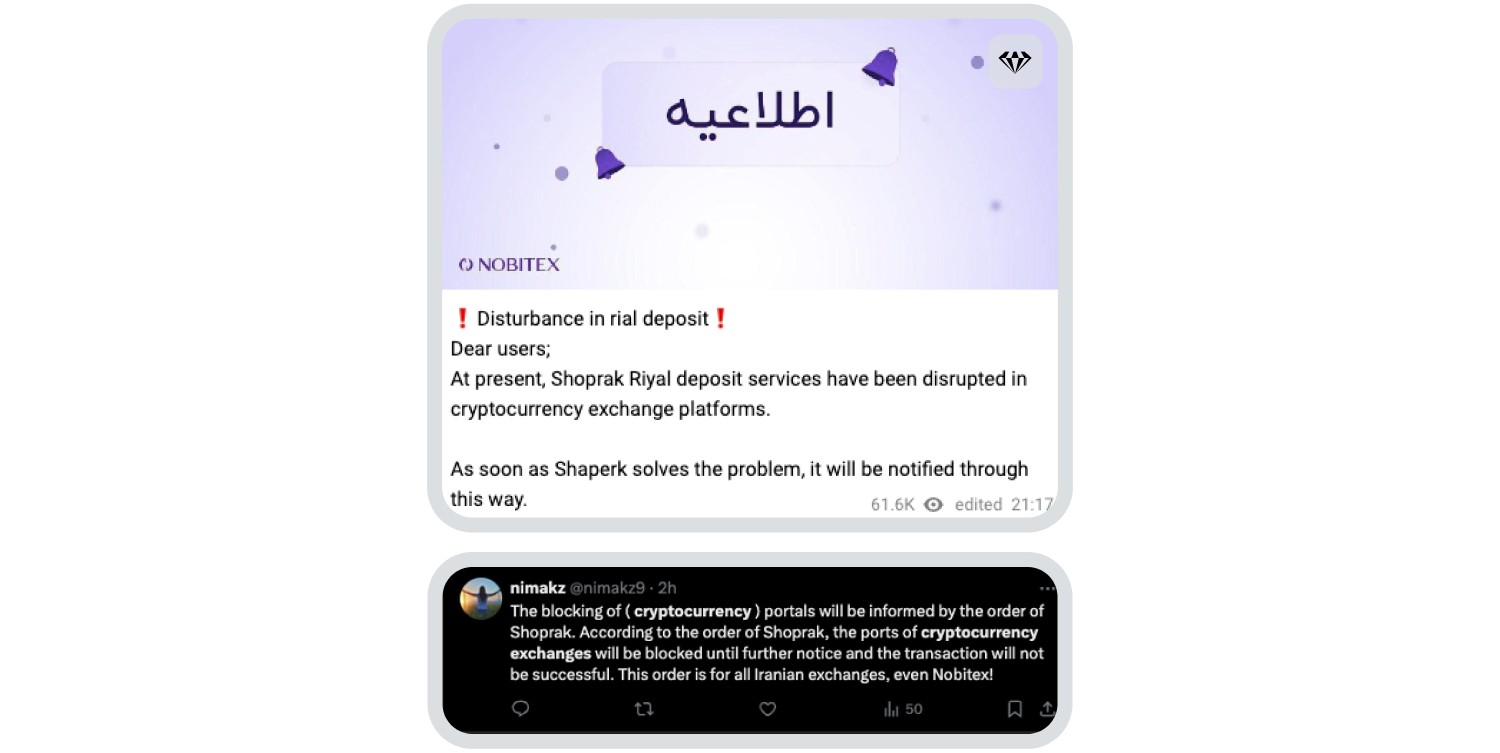 The consequential economic impact of the regional conflict has further weakened the rial. To prevent instability, the Iranian government restricted fiat payment network Shaparak’s access to crypto platforms, limiting rials to crypto conversions. 