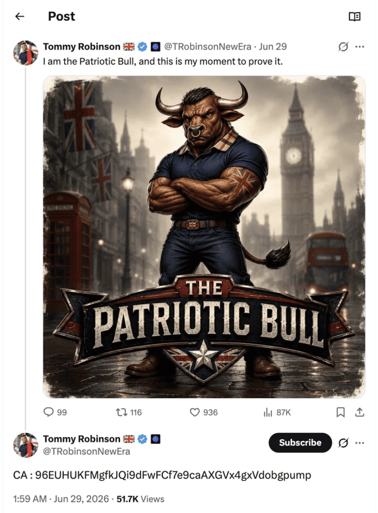 Tommy Robinson's X post launching the Patriotic Bull $TOMMY memecoin, showing the contract address