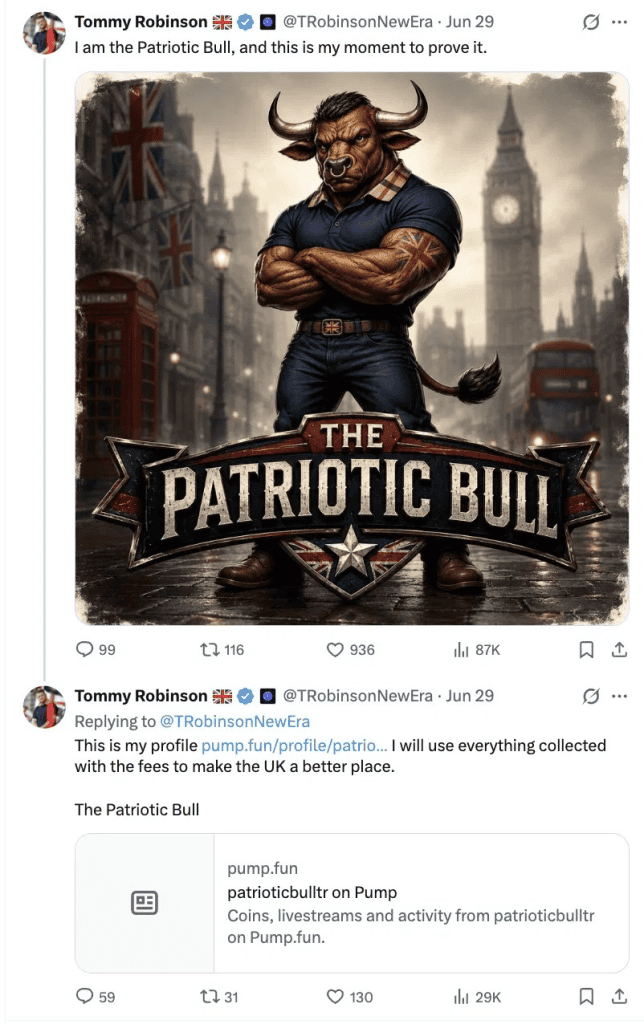 Robinson's follow-up X post linking the Pump.fun profile and the "make the UK a better place" fee promise
