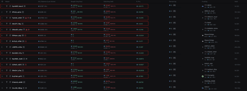  On-chain profit table with ten wallets clustered to one operator and their exchange funding sources. 