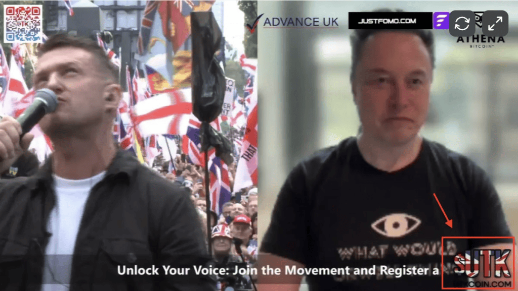 Unite the Kingdom rally broadcast showing the $UTK coin logo beside crypto sponsors. 