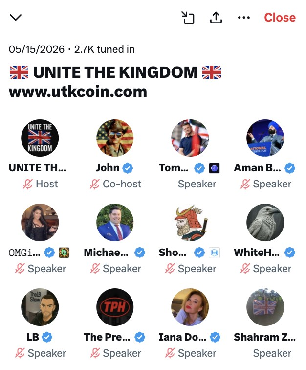 $UTK X Space speaker list showing crypto operator accounts. 