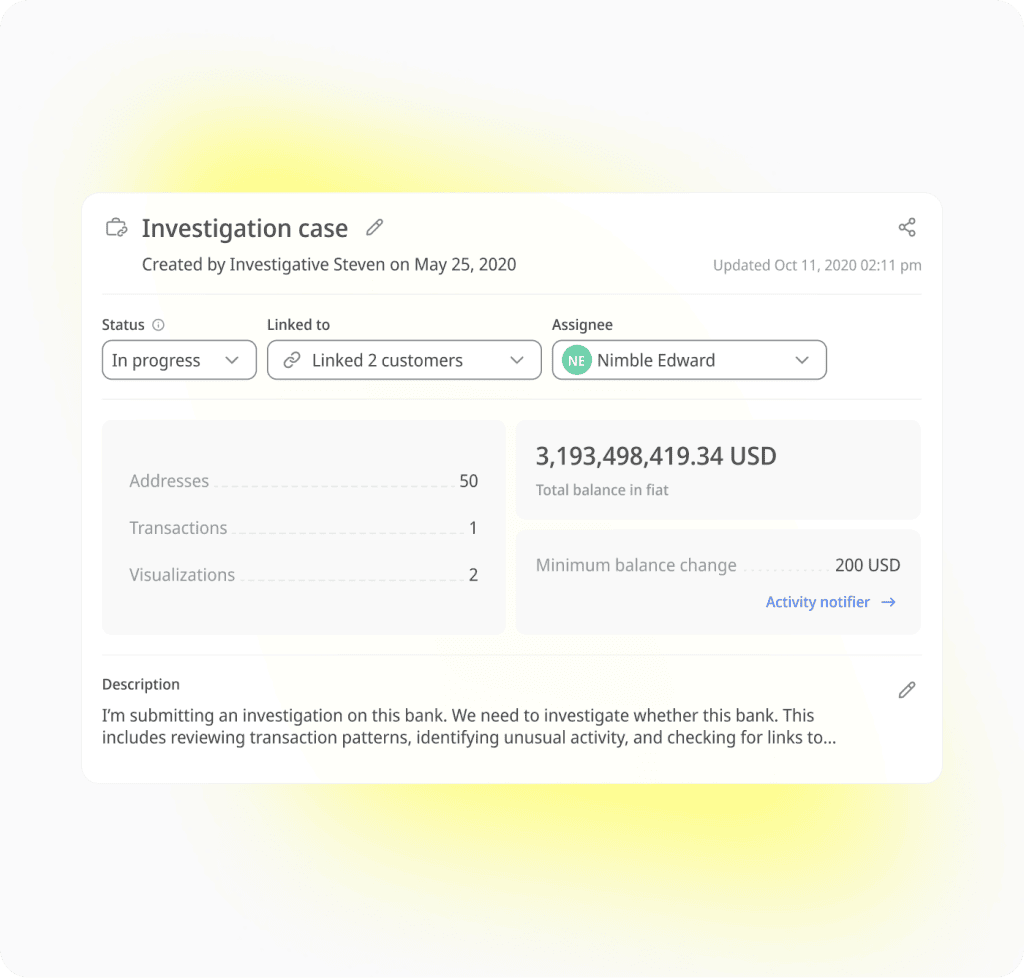 Investigation case file showing traced addresses and linked customers