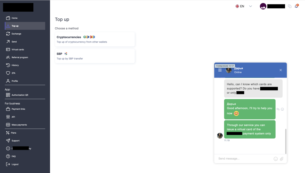 Old website Top-up + chat: Screenshot of the platform's old website Top-up menu, showing Cryptocurrencies and SBP transfer options with a customer service chat window open.  