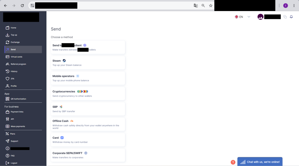Old website Send menu: Screenshot of the platform's old website Send menu, listing Steam, Mobile operators, Cryptocurrencies, SBP, Offline Cash, Card, and Corporate SEPA/SWIFT options.