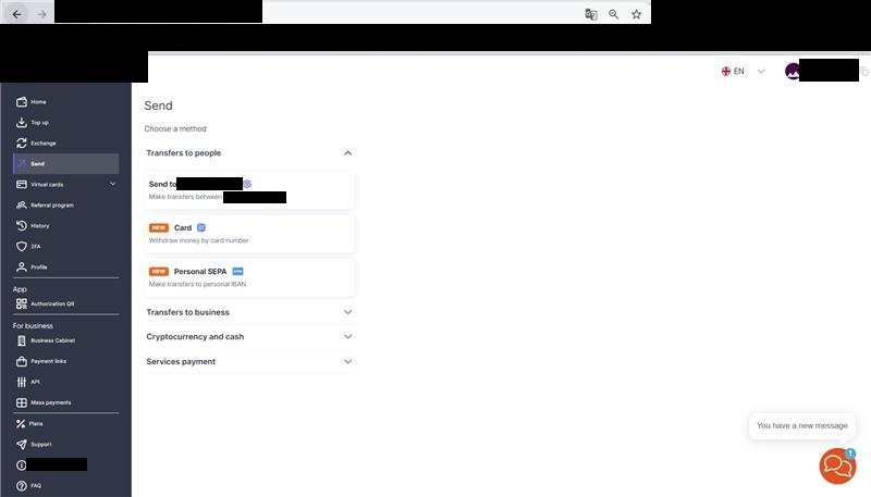 New website Send menu: Screenshot of the platform's current website Send menu, showing Send-to-client, Card, and Personal SEPA options, with SBP and mobile top-up no longer listed.  