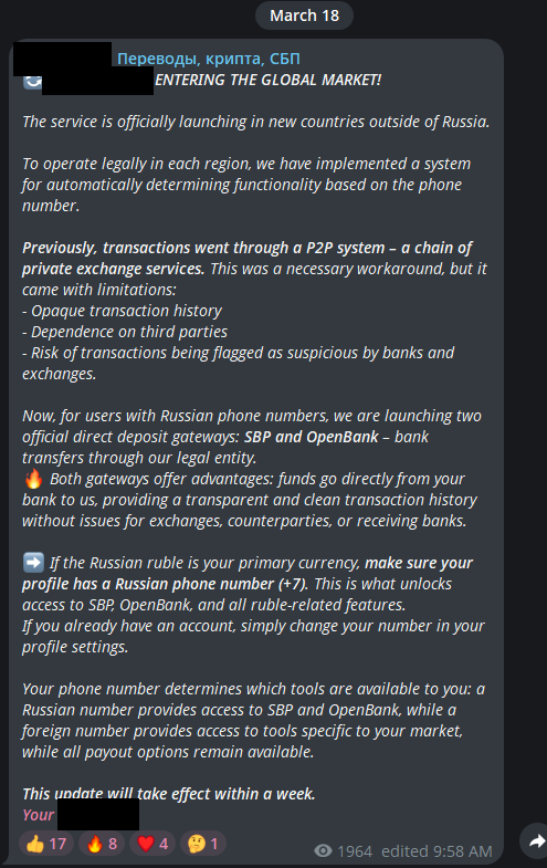 Telegram channel post: Screenshot of the platform's Telegram channel post from March 2026 announcing new ruble deposit gateways and a Russian phone number requirement.
