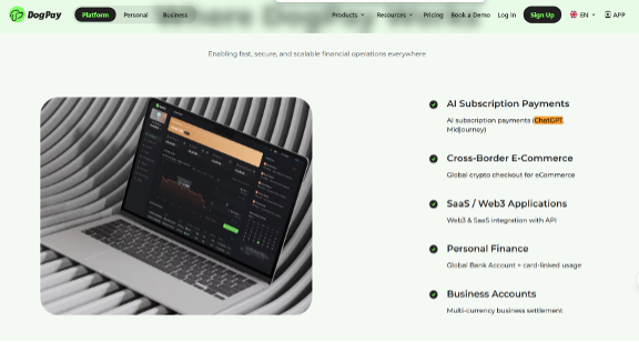 DogPay platform page listing AI subscription payments for ChatGPT and Midjourney as a crypto card use case