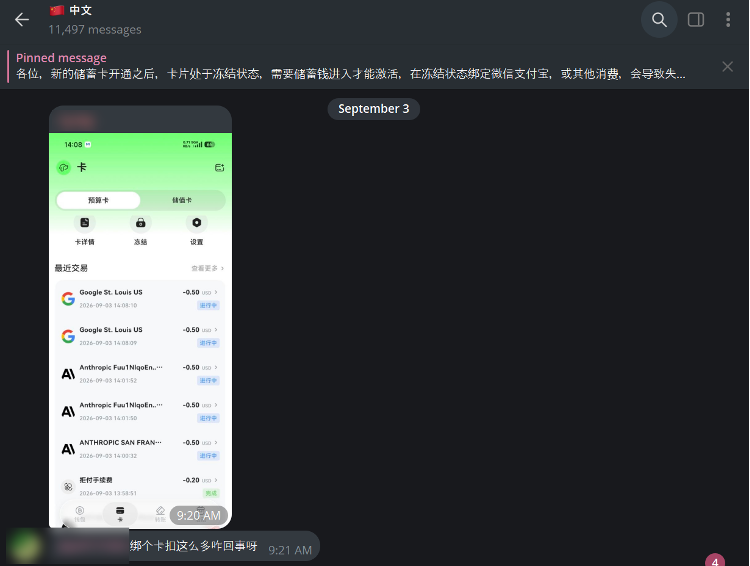 Telegram post showing small pending card charges from Anthropic and Google, typical of card-verification attempts