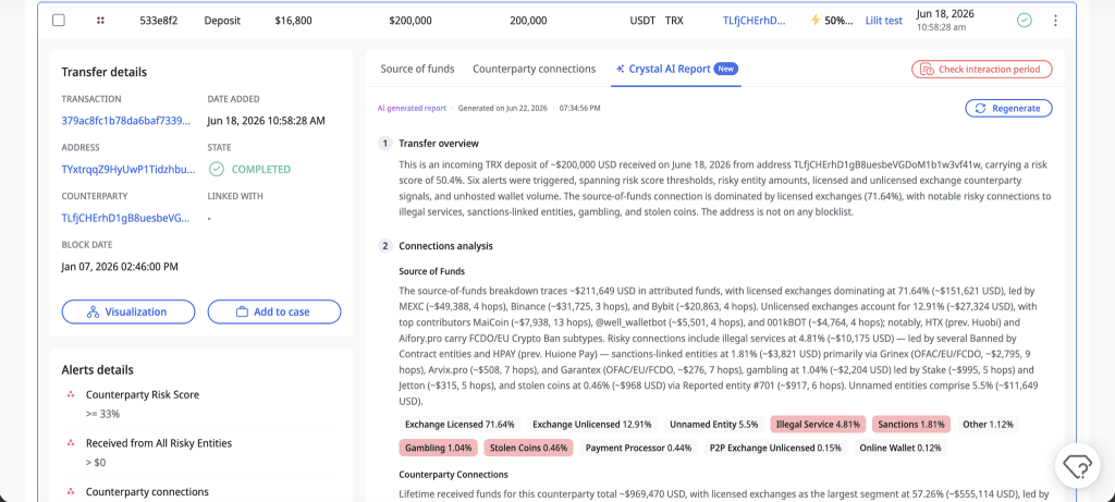 Crystal Expert AI report showing attributed source of funds with named entities and sanctions tags open to inspection