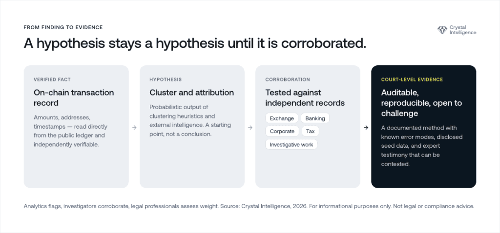 Flow chart showing how investigators corroborate a blockchain analytics finding into court-level evidence